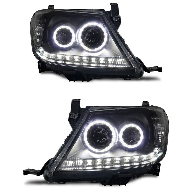 Smoke LED Headlights DRL HALO Projector Angel Eyes (Pair) - Suitable For Toyota Hilux 2005-2011