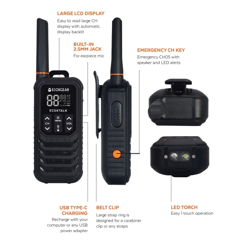 EcoXgear ECOXTALK EXG200 2-Watt IP67 Handheld UHF Radio Twin Pack (13km)