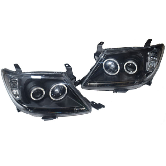 Smoke LED Headlights DRL HALO Projector Angel Eyes (Pair) - Suitable For Toyota Hilux 2005-2011