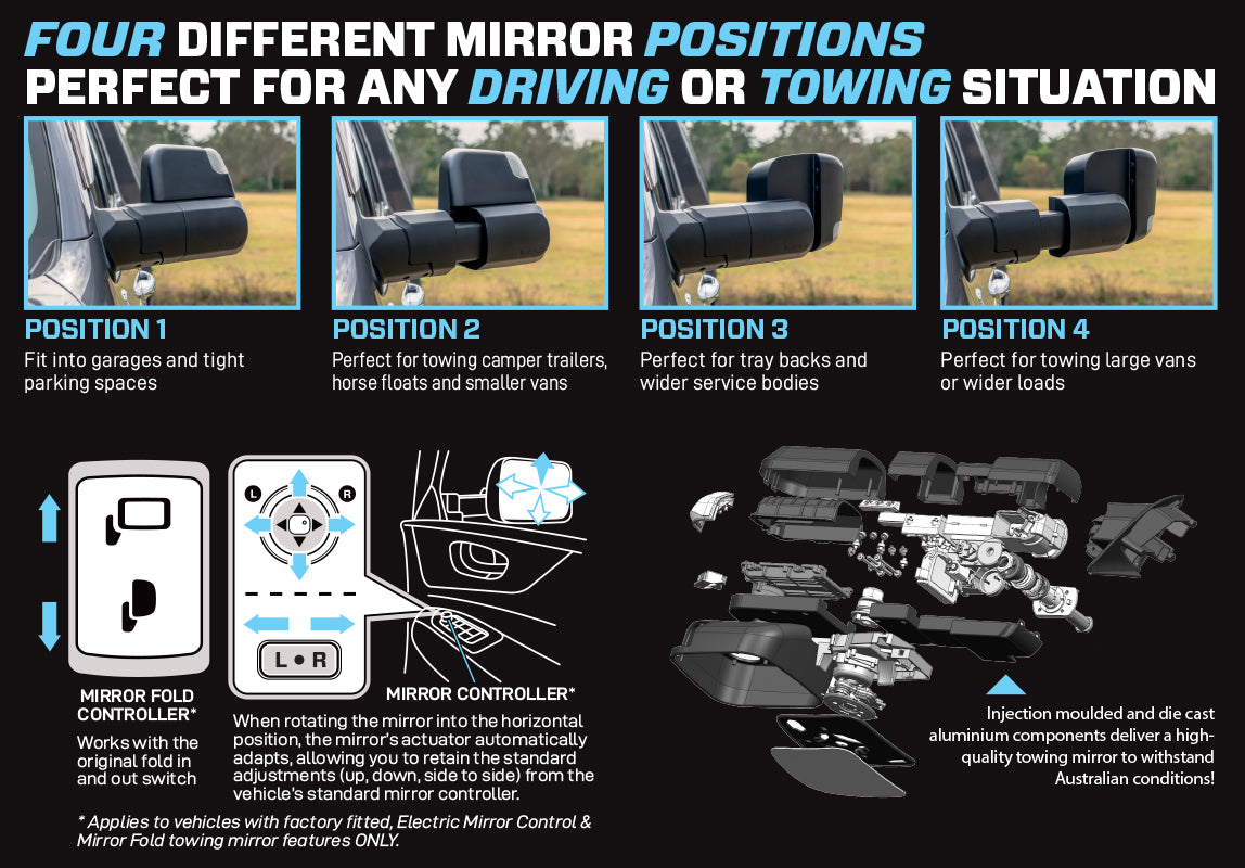 MSA 4x4 POWER FOLD™ Towing Mirrors - suitable for Landcruiser 76-78 Series 09/2023-Current (Black, Electric, Indicators, Power Fold) - TM452