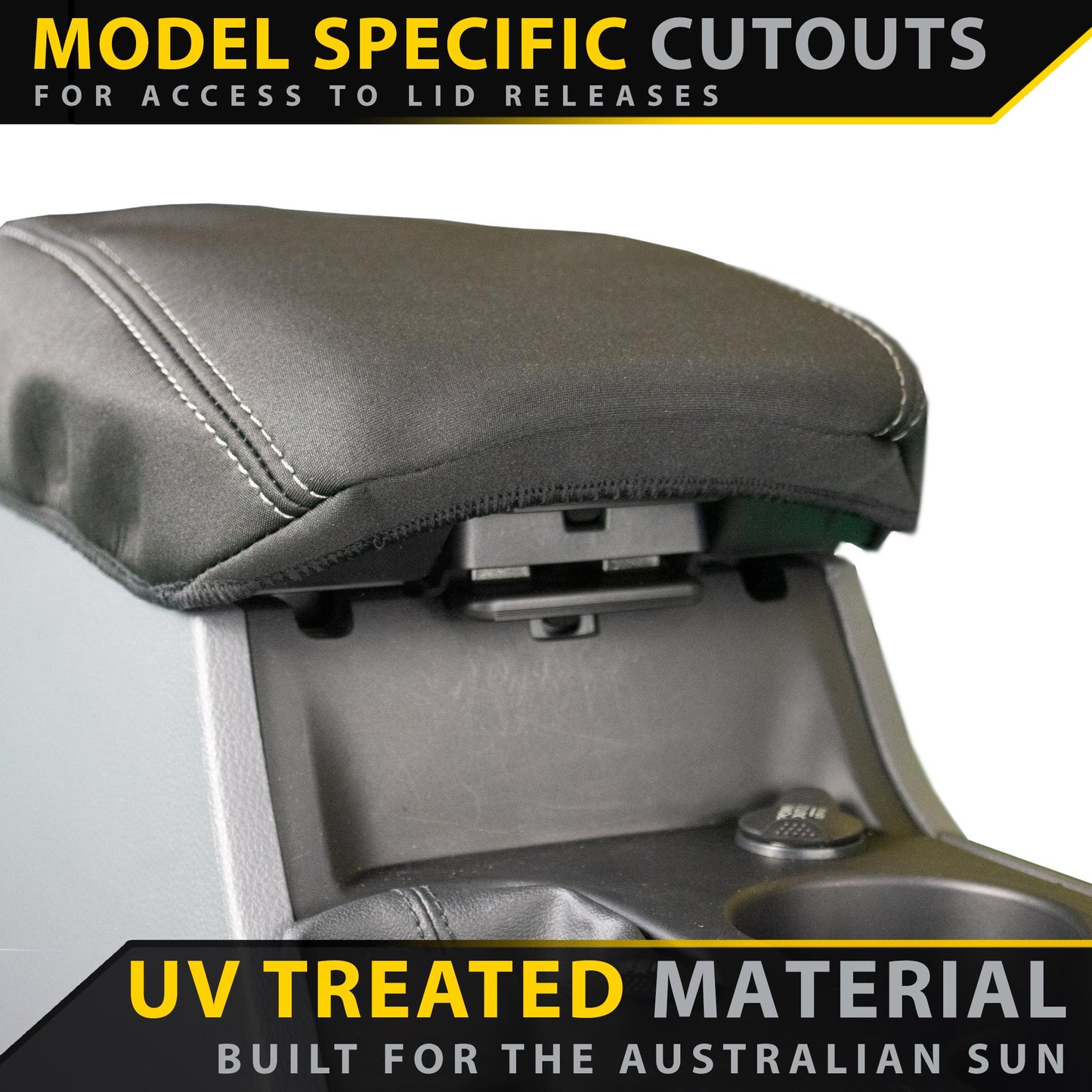 Razorback 4x4 GP6 Premium Neoprene Console Lid Cover suitable for a Toyota HiLux 8th Gen SR