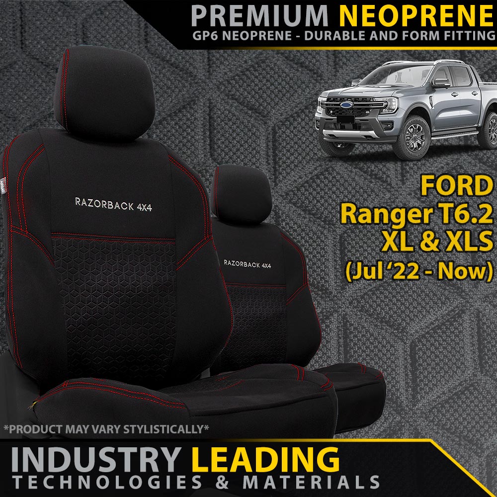 Ford Ranger T6.2 XL, XLS & Black Edition Premium Neoprene 2x Front Row Seat Covers